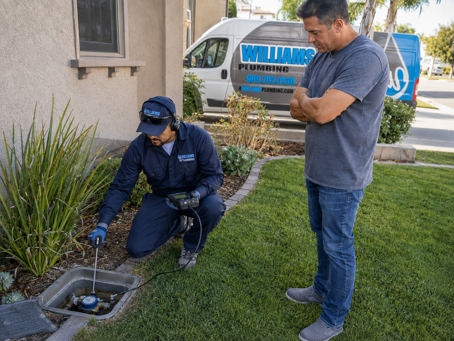 Williams Plumbing technician checking for a hidden water leak during a residential plumbing service 