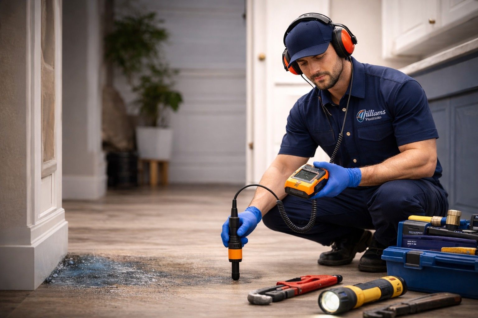 Williams Plumbing technician performing slab leak detection with professional equipment