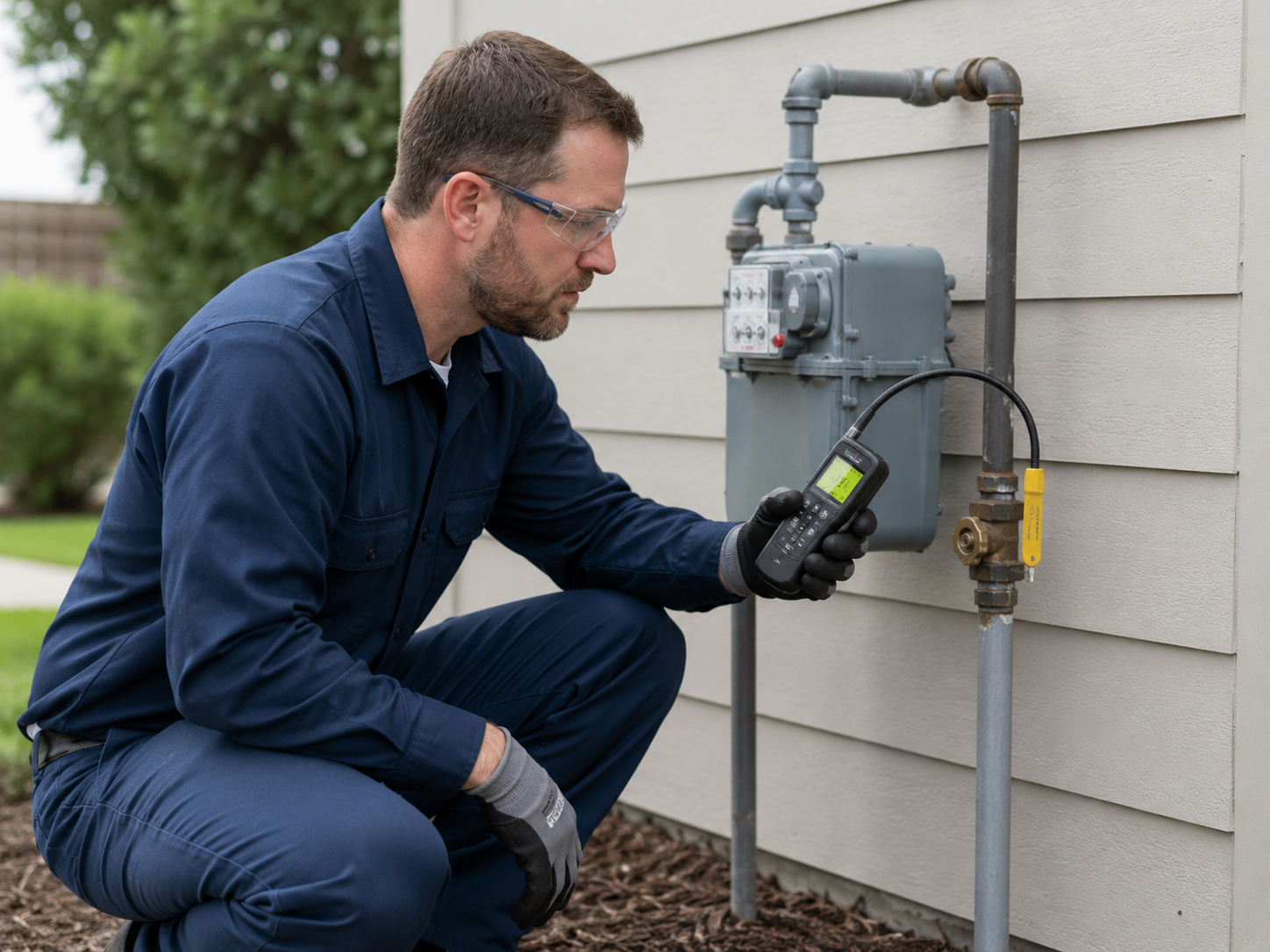 Licensed plumber using a handheld combustible-gas detector to inspect a residential gas meter, shutoff valve, and gas line connection for possible leaks.