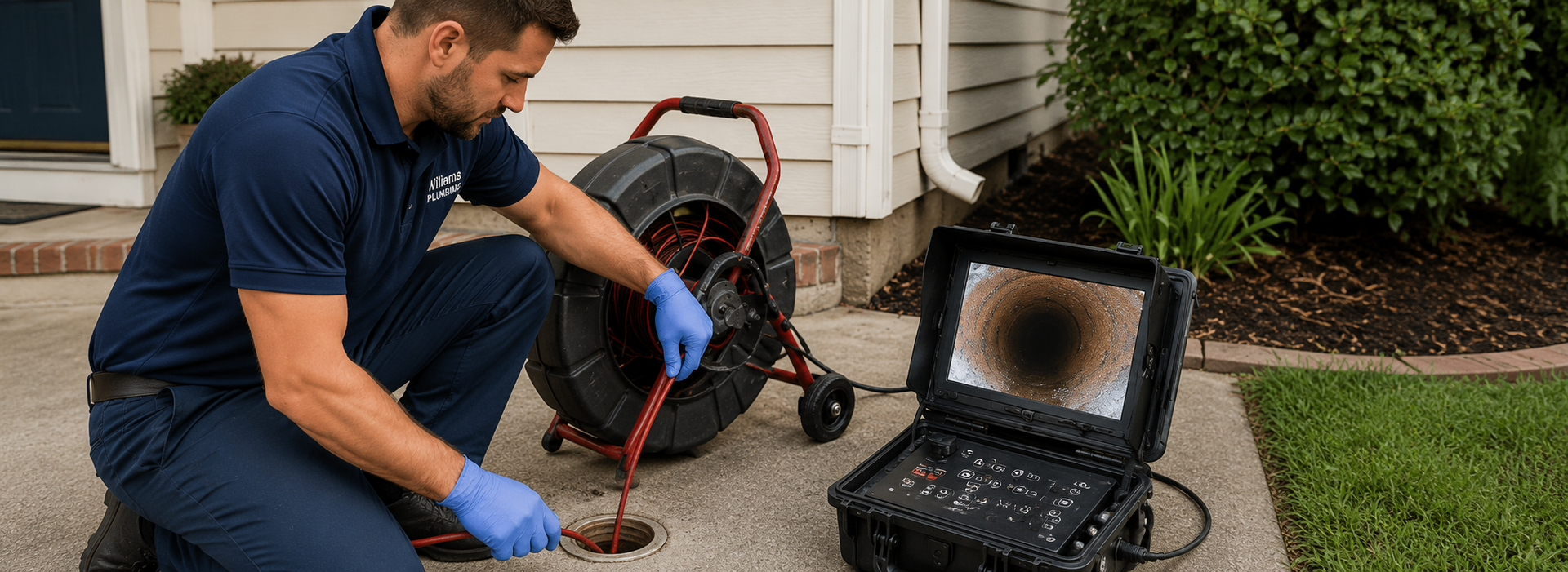 Williams Plumbing technician operating a sewer camera inspection system at a residential cleanout while a monitor displays the inside of the sewer line.