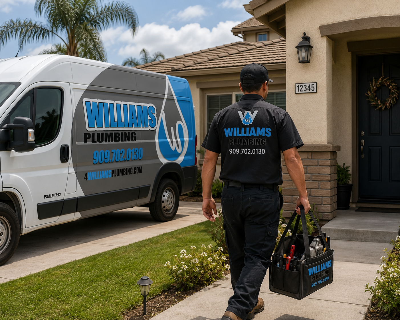 Williams Plumbing technician arriving at a Rancho Cucamonga home for a residential plumbing service call.