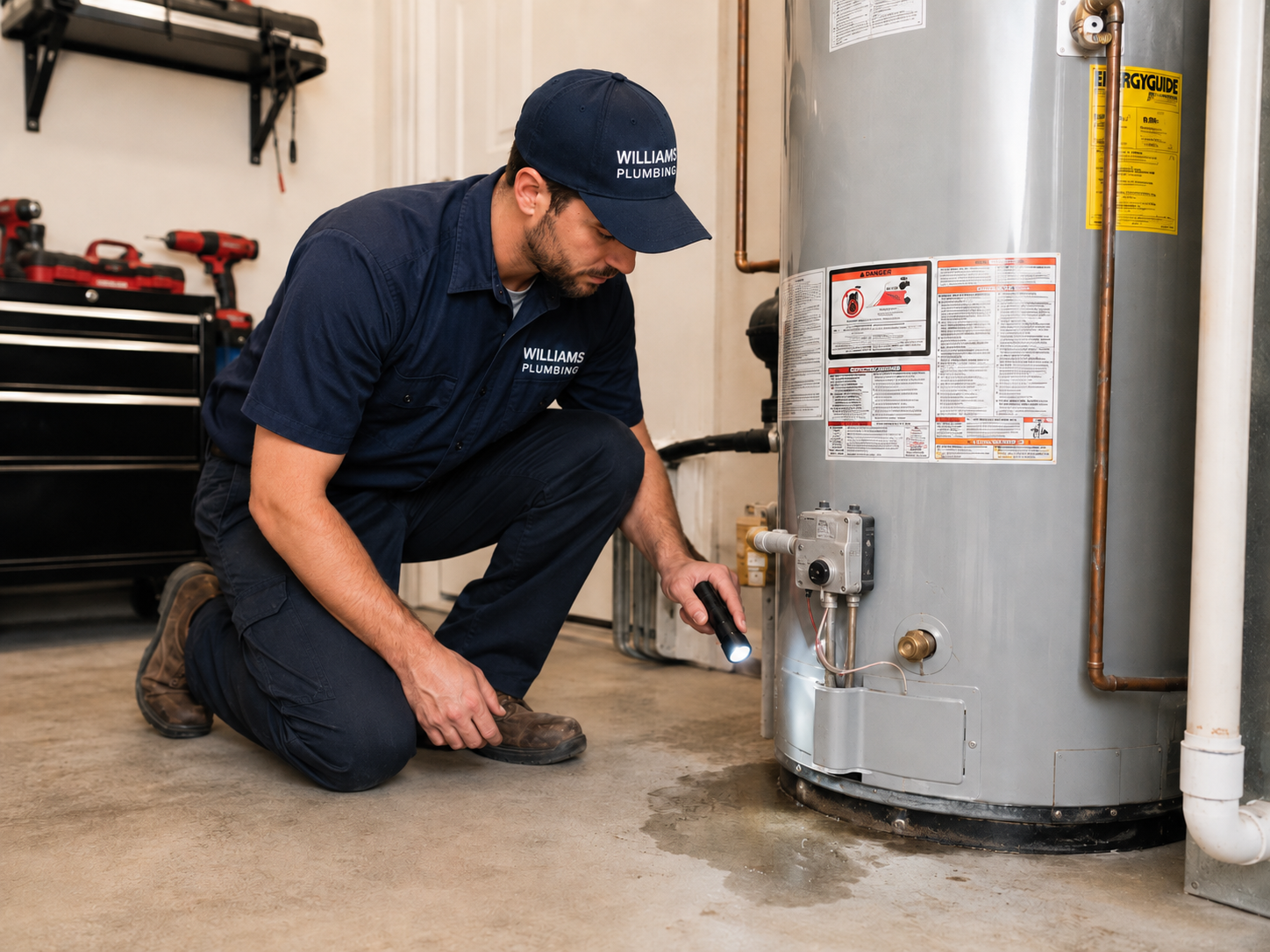 Williams Plumbing technician inspecting a leaking water heater near the base during a residential se