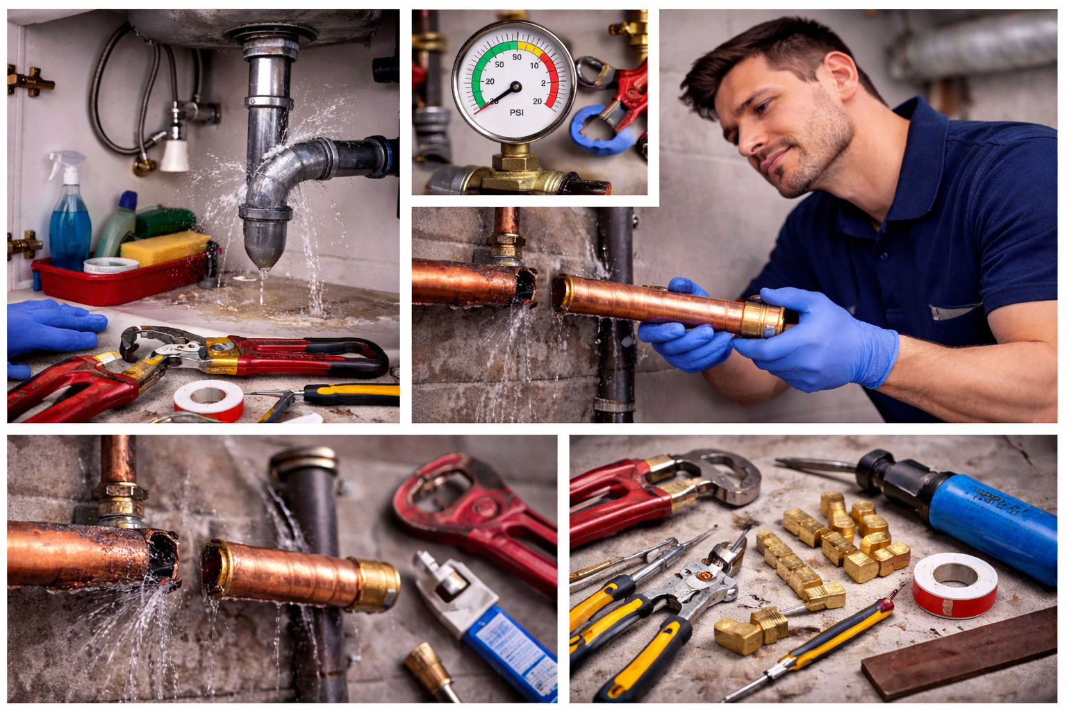 Plumber repairing a copper pipe under a sink with tools and pressure gauge in a workshop-style collage