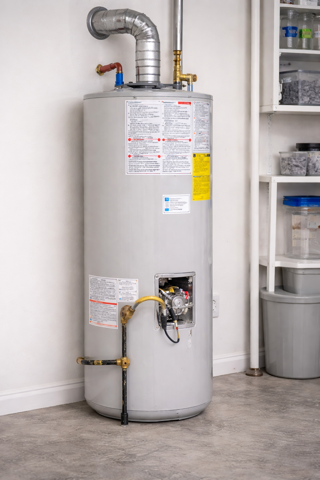 Water heater with vent pipes in a utility room corner