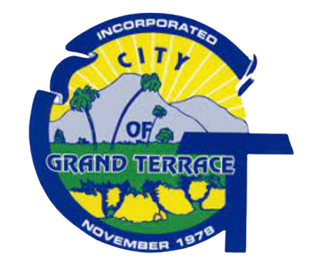 The blue and yellow seal of the City of Grand Terrace, featuring a landscape with hills, palm trees, and the date 1978.
