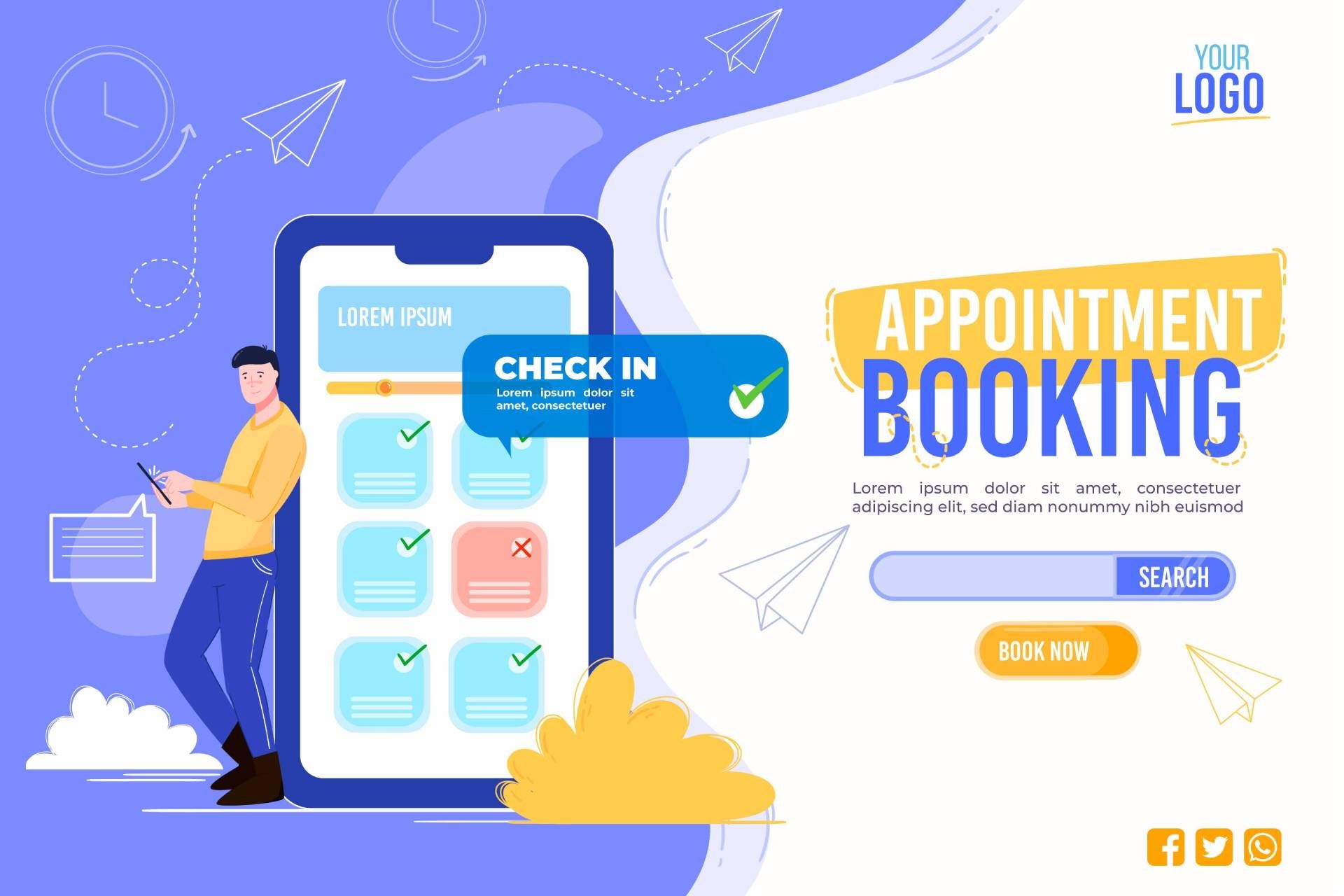 A man is standing next to a cell phone with an appointment booking app on it.