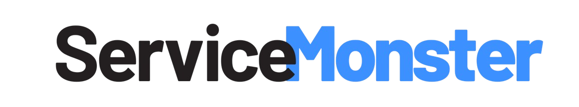 A blue and white service monster logo on a white background