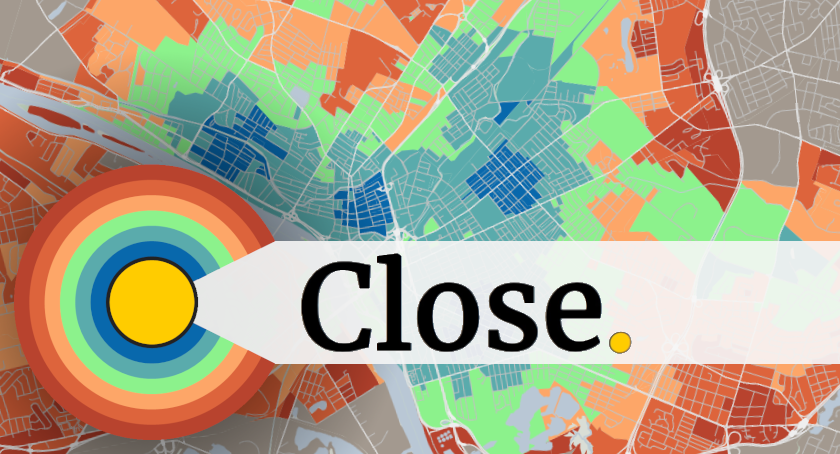 A map of a city with a tag that says close on it.
