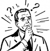 A black and white drawing of a man thinking with question marks around his head.