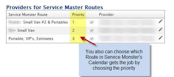 A computer screen showing providers for service master routes