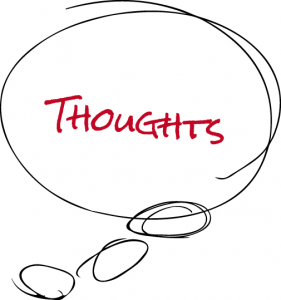 A speech bubble with the word thoughts written inside of it
