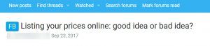 A screenshot of a facebook page that says listing your prices online good idea or bad idea