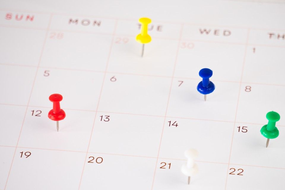 A calendar with a bunch of pins on it