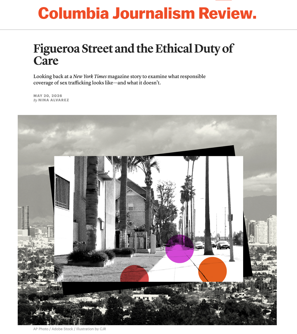 Columbia Journalism Review cover titled “Figueroa Street and the Ethical Duty Care,” with black-and-white city collage and colored dots