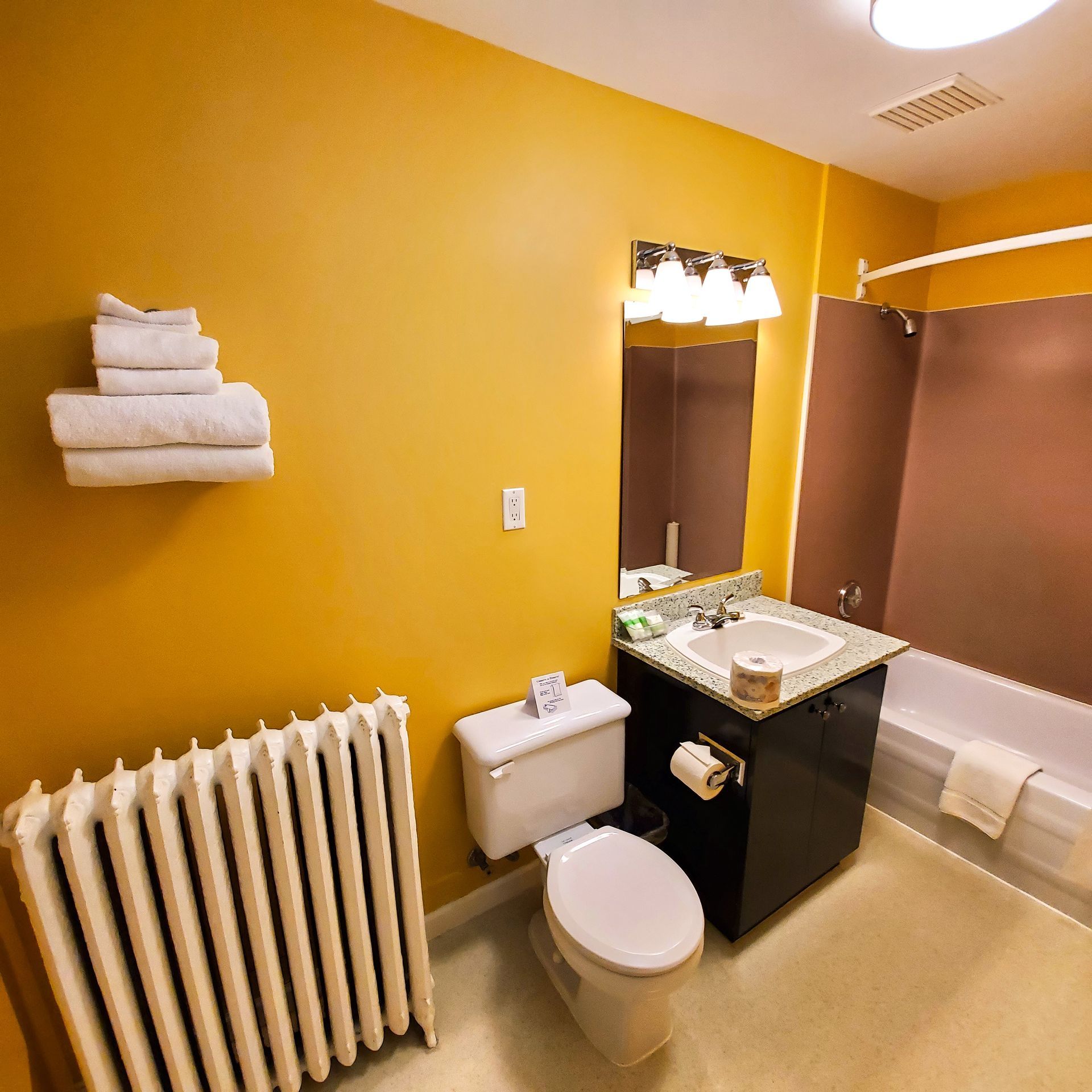 A bathroom with a toilet a sink and a radiator