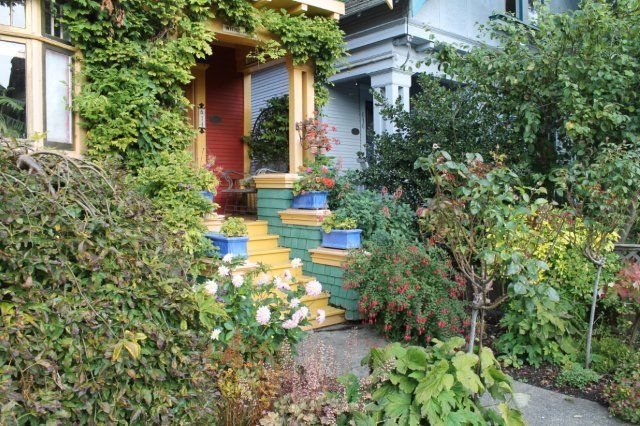 A house with a porch and stairs surrounded by plants and bushes