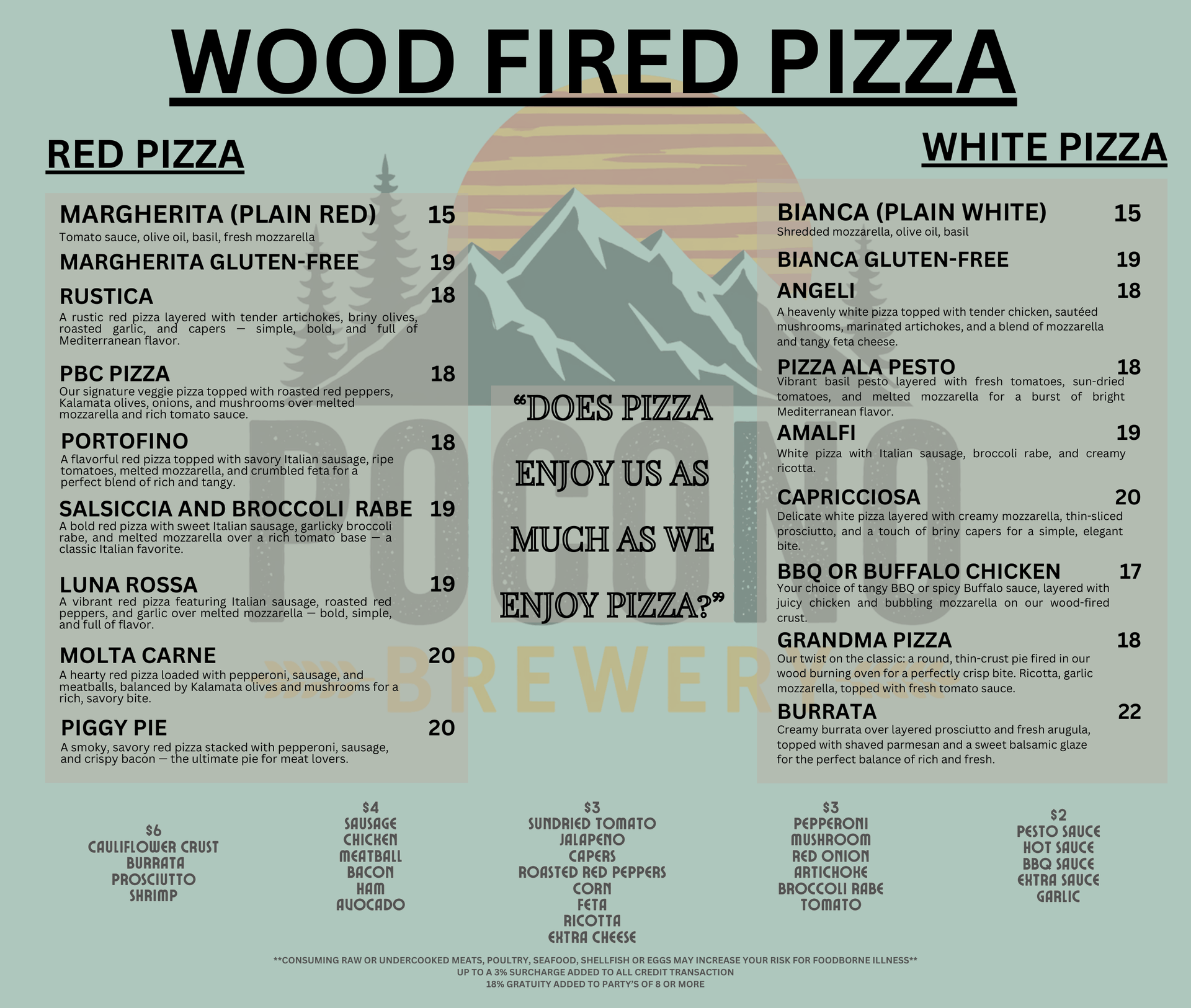 Pocono Brewery Company, menu