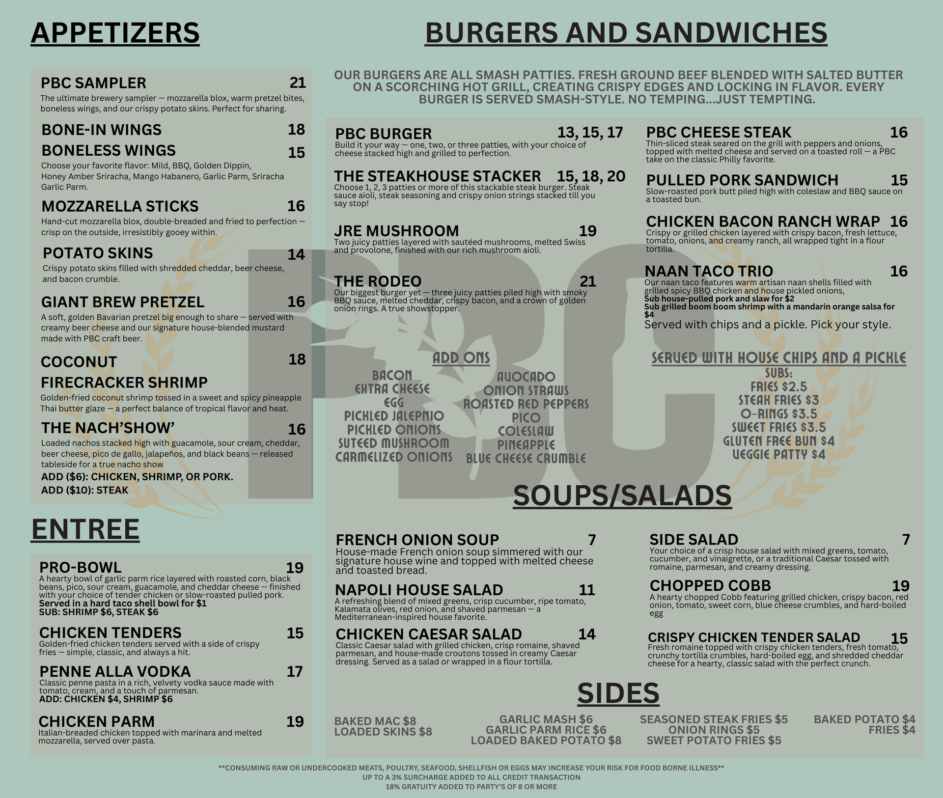 Pocono Brewery Company, menu