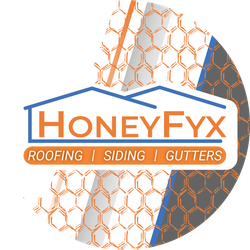 HoneyFyx logo: house outline over text, "HONEYFYX Roofing | Siding | Gutters," with honeycomb pattern in orange and gray.