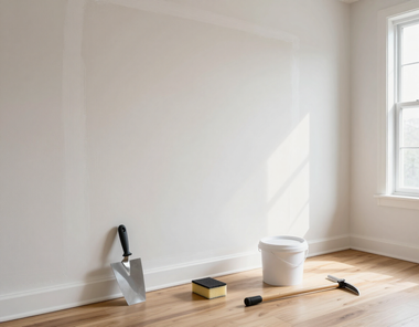 Empty room with white walls, sunlight, and paint tools on a wooden floor by the window
