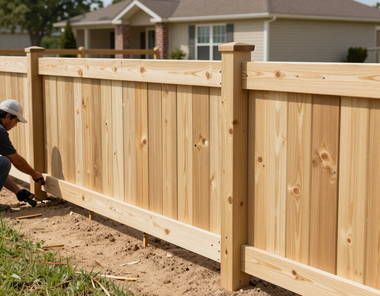 Worker installing a light wood privacy fence in a suburban yard