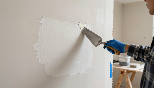Person using a putty knife to patch a white wall indoors