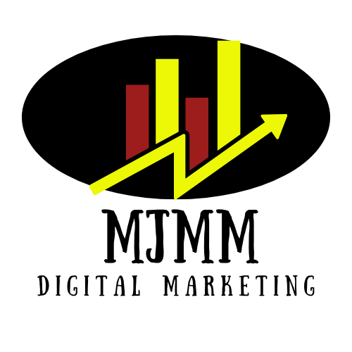 Logo for MJMM Digital Marketing: Black oval with bar graph, upward arrow, and text