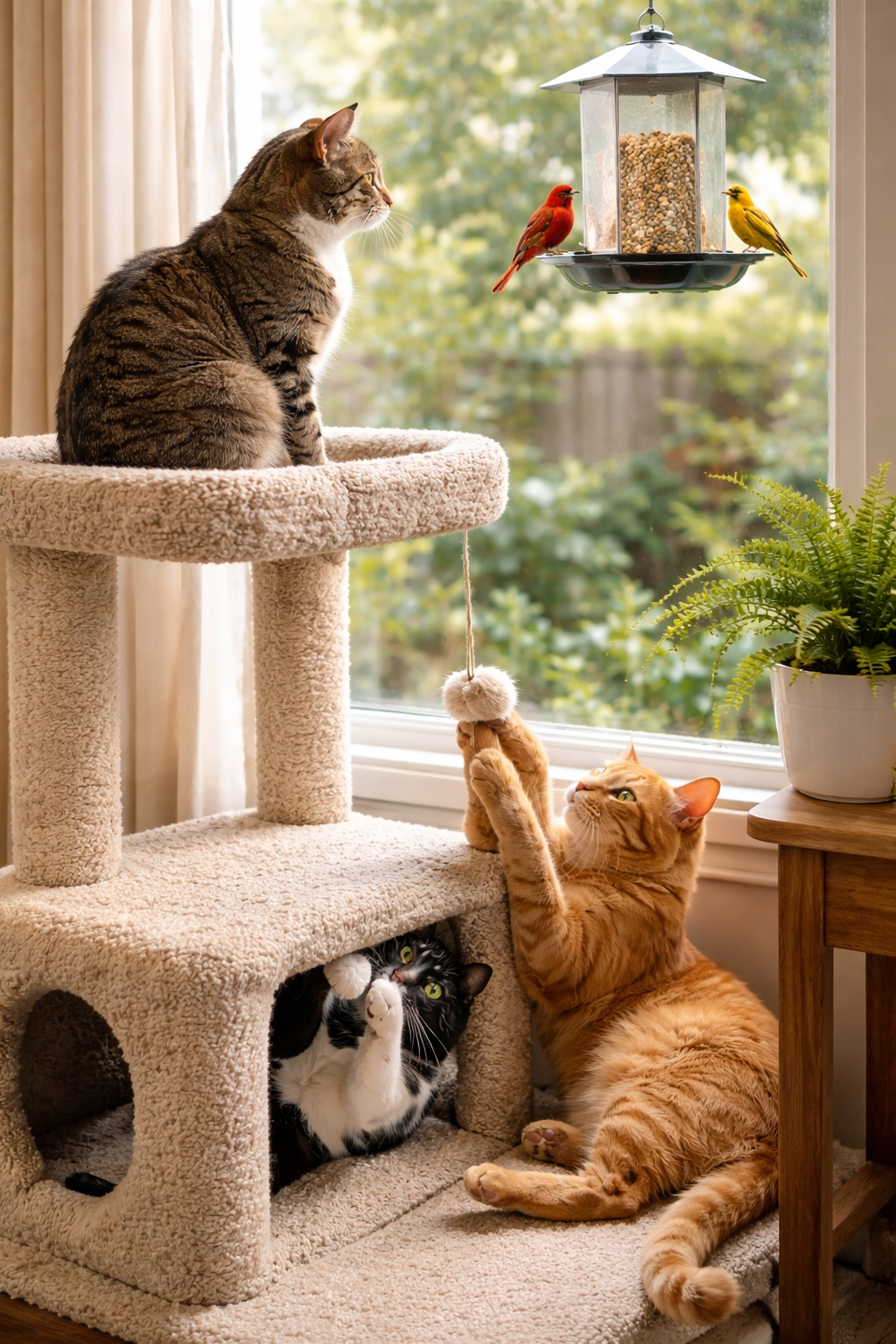 Three cats by a window; one atop a cat tree looking at birds at a feeder, one plays with a toy, and one inside the cat tree.