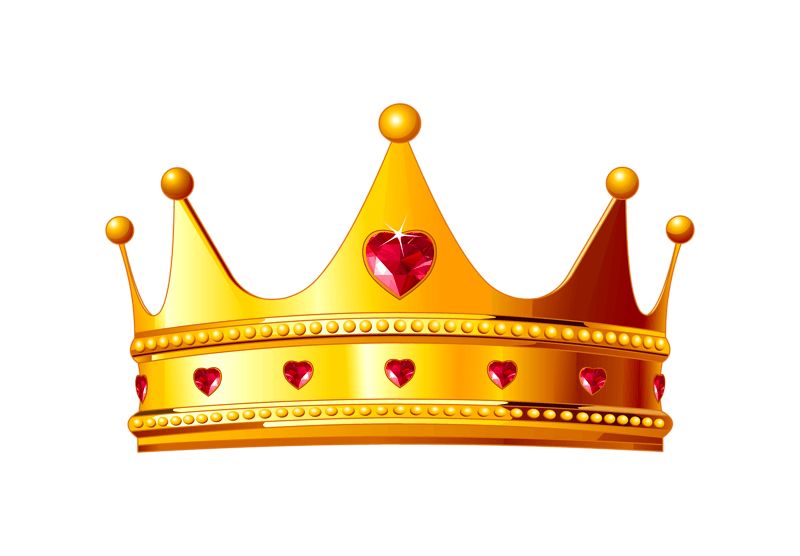 Golden crown with red heart-shaped and round gems.