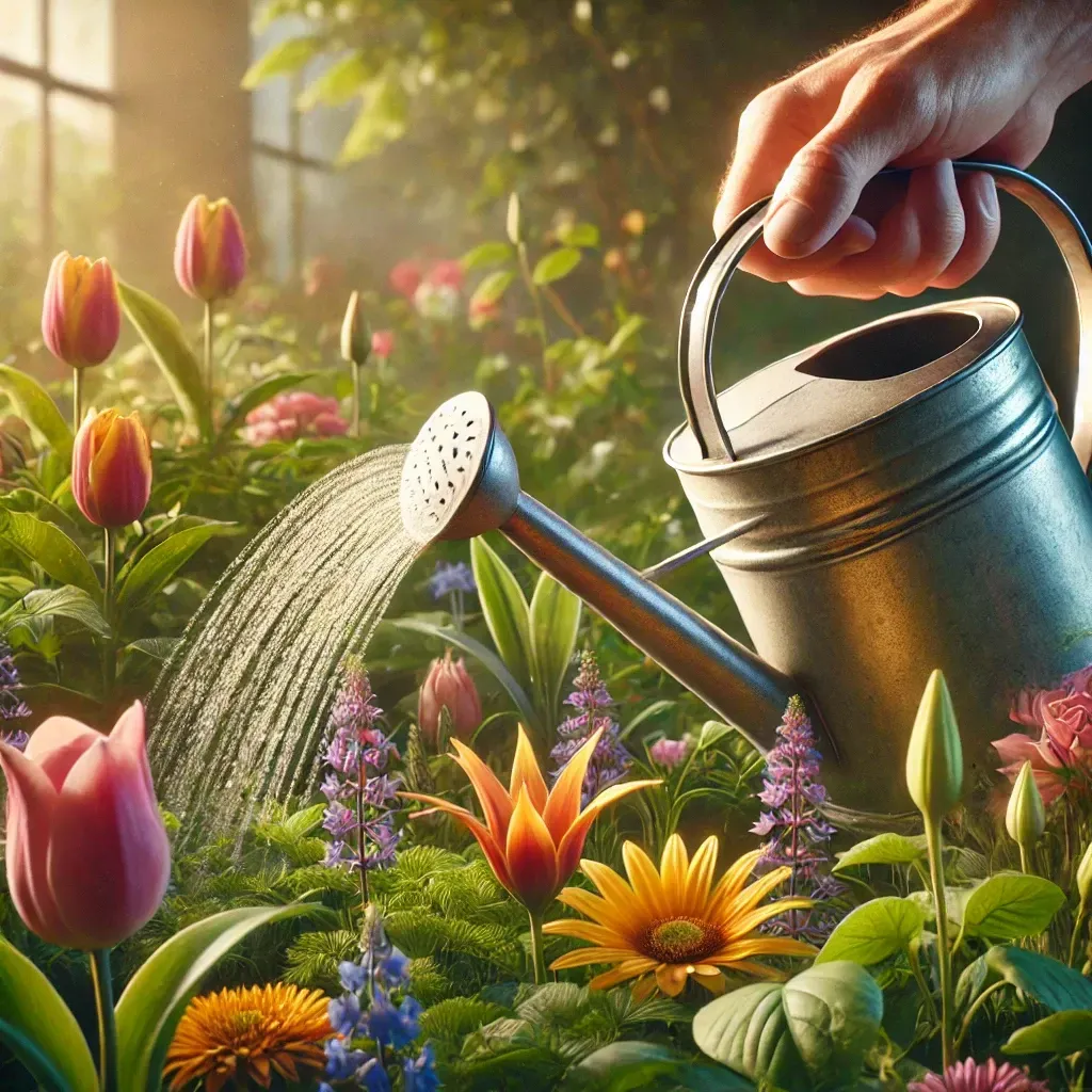 Watering can pouring water onto colorful flowers in a garden. Hand holding the can.