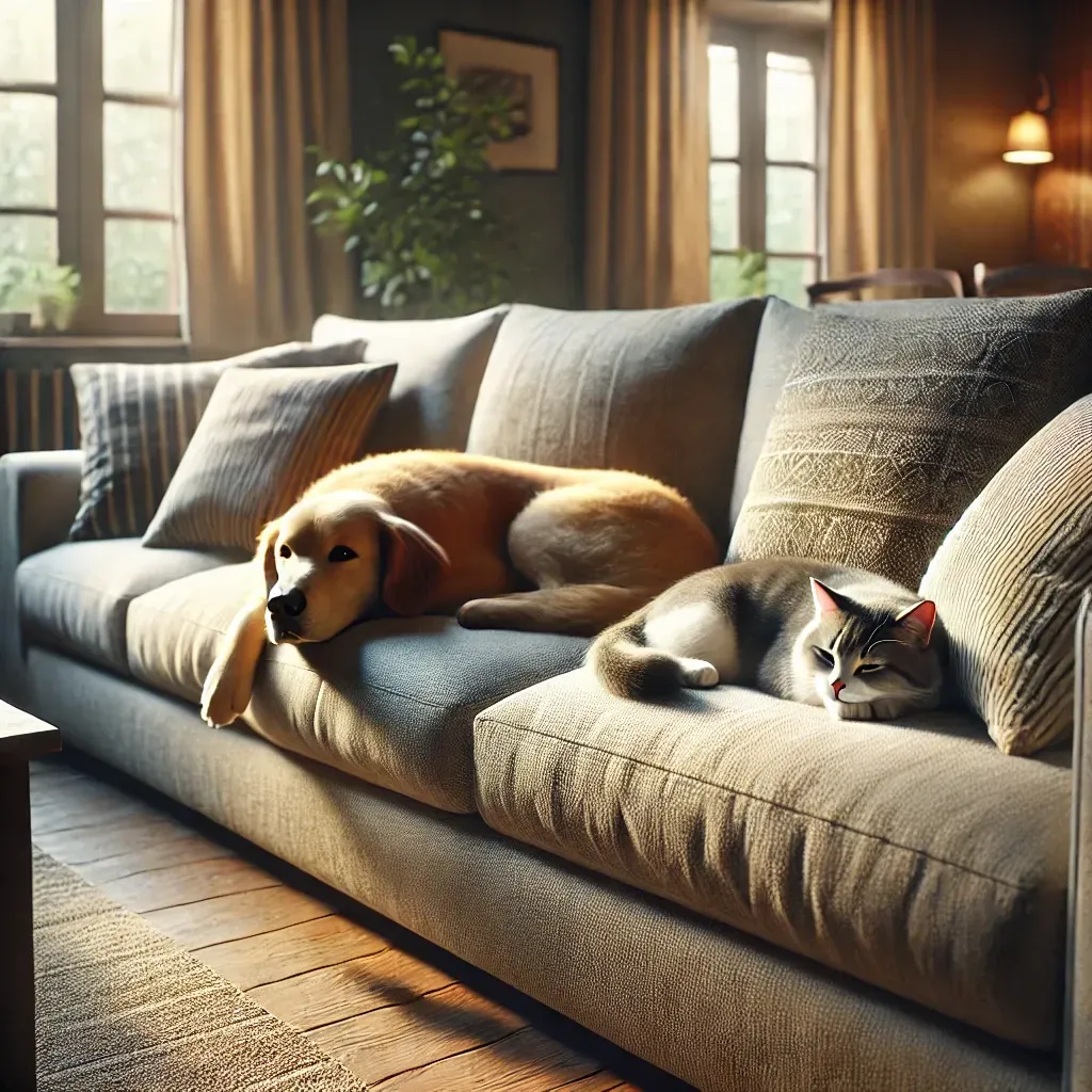 Golden retriever and tabby cat resting together on a cozy couch in a sunlit living room.