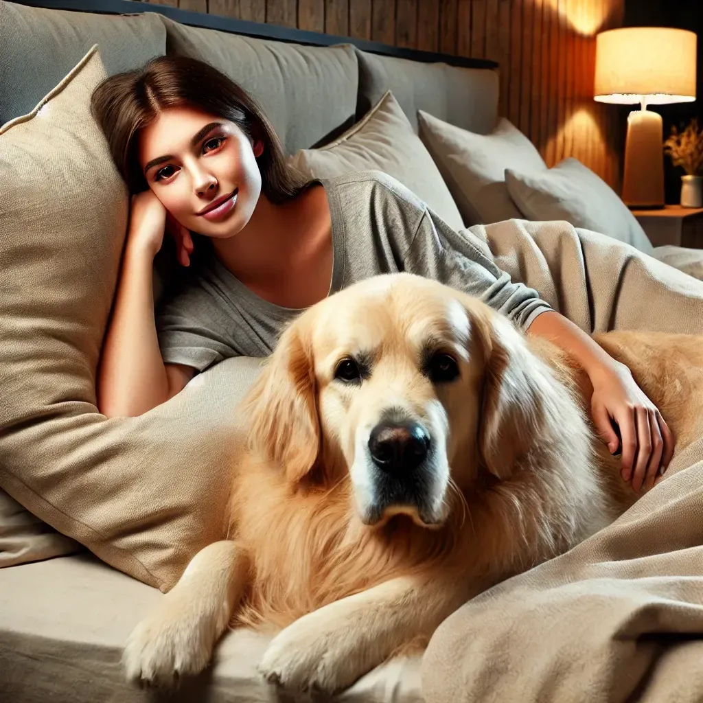 Woman and golden retriever dog lounging in bed. Woman smiles, leaning on pillow. Warm lighting.