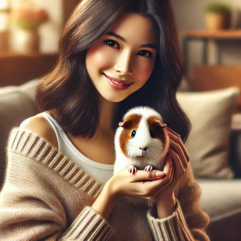 Woman holding a guinea pig, smiling. Indoors, warm lighting. Guinea pig is white and brown.
