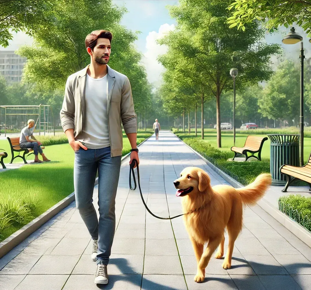 Man walking a golden retriever in a park. Green trees, path, benches, sunny day.