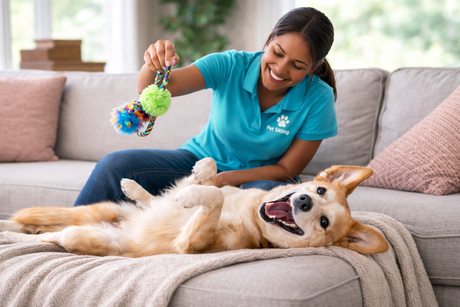 Pet sitter playing with dog on couch