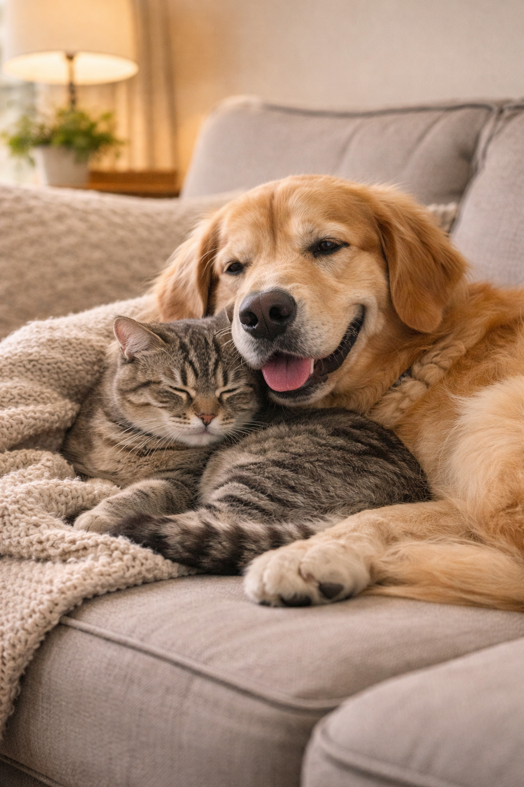 Golden retriever and tabby cat snuggled together on a couch, both with closed eyes and relaxed expressions.