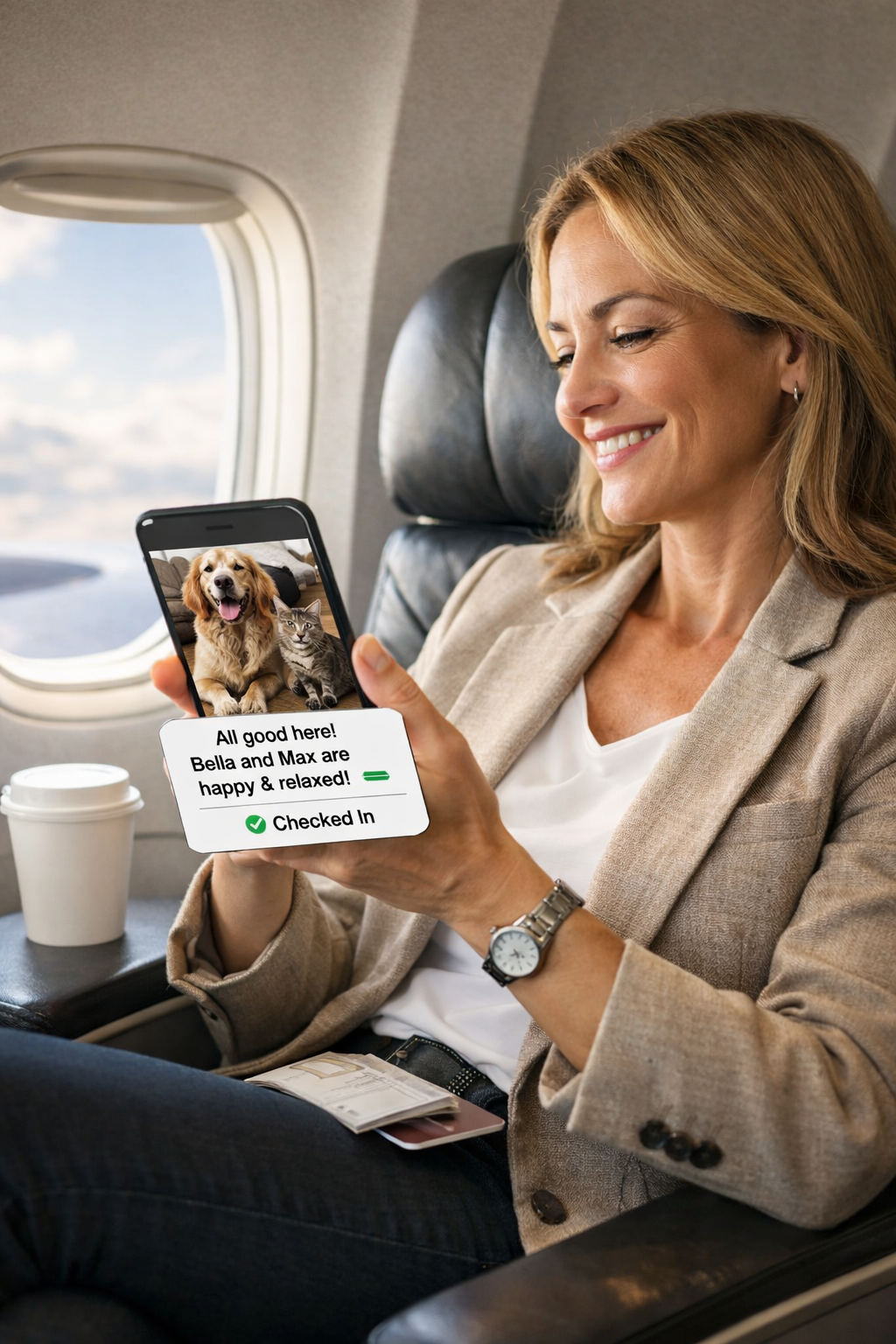 Woman on airplane smiles, looking at phone displaying a dog, with text below.