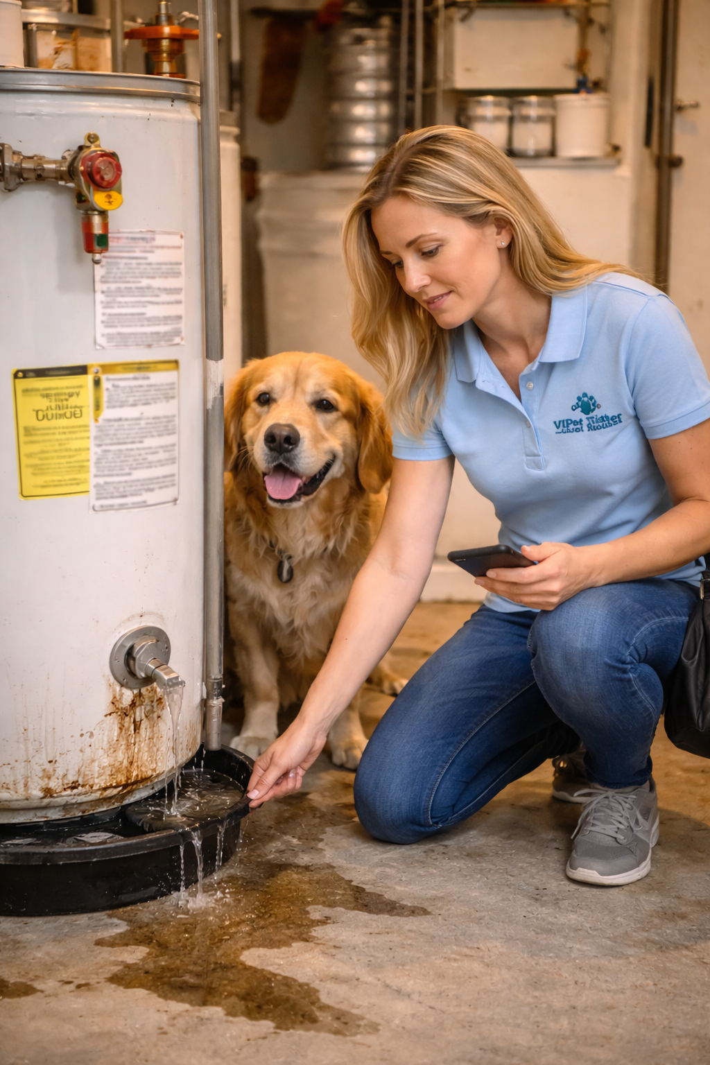 Woman checking water heater leak with dog in a utility room.