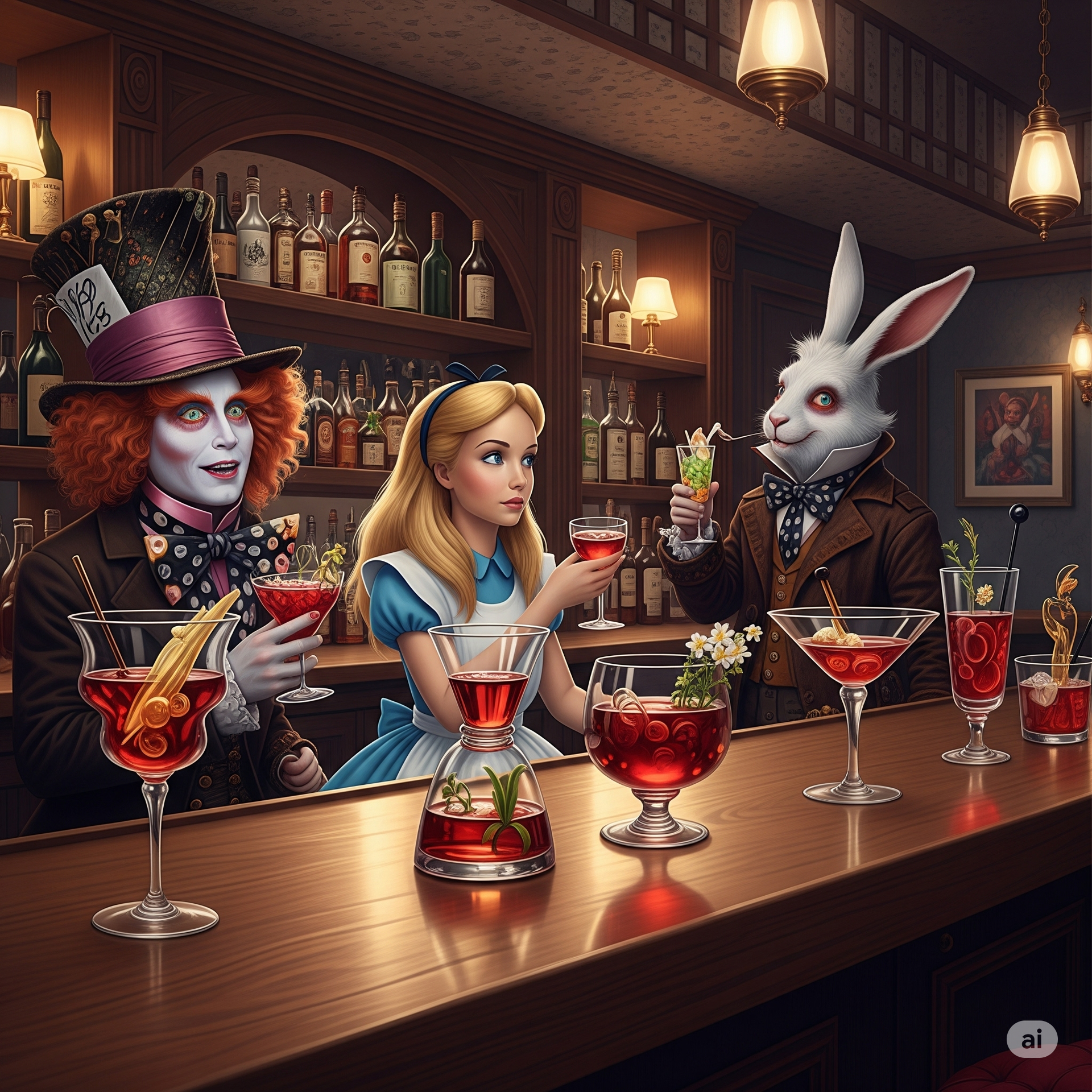 Mad Hatter, Alice, and White Rabbit at a bar, toasting with red drinks.In Down town Orlando