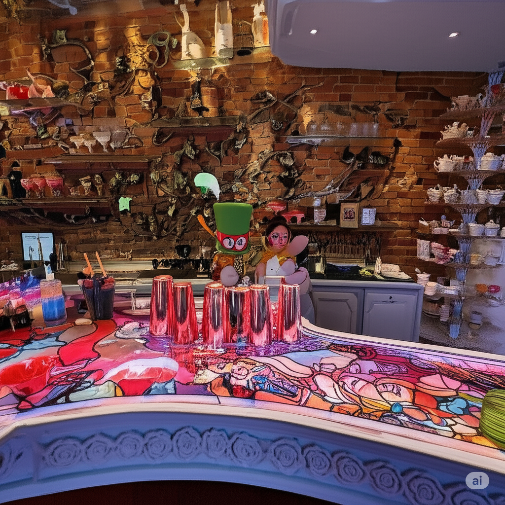 A whimsical shop interior with a Mad Hatter, ornate decorations, and a colorful counter.