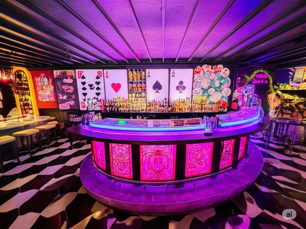 Purple-lit bar with card suit-themed decor and checkered floor.