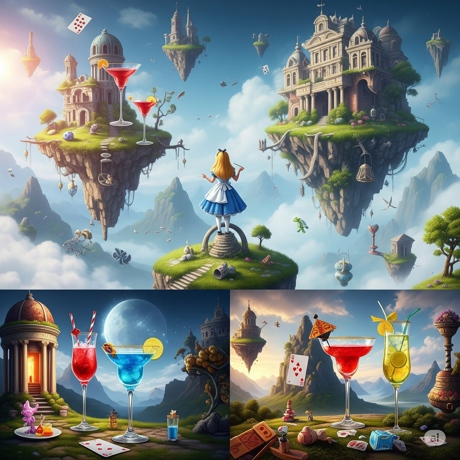 Alice in Wonderland scene with floating islands, castles, and cocktails; mountains in the background.