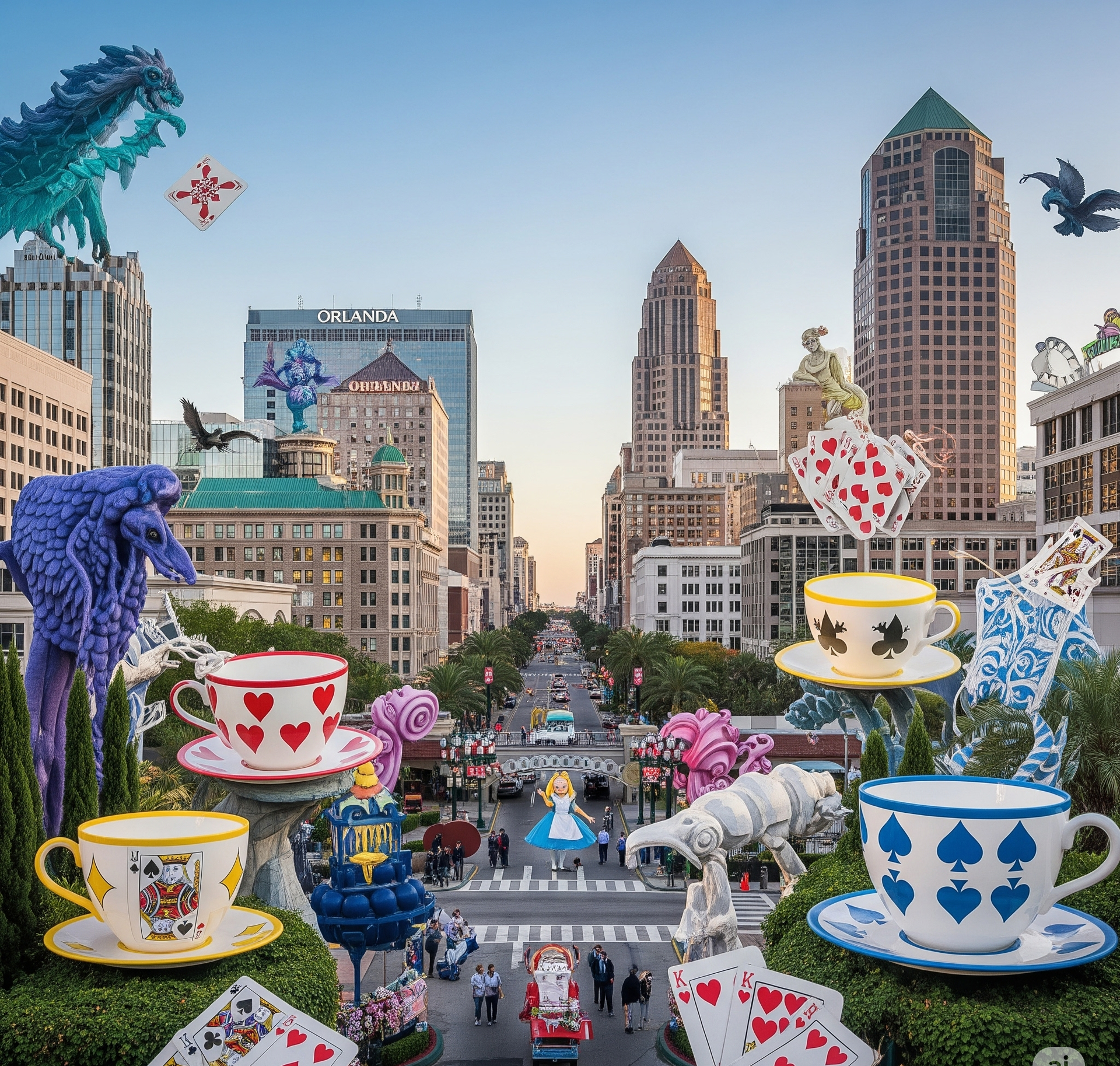 Alice in Wonderland theme over city street. Giant teacups, playing cards, and characters float among buildings.