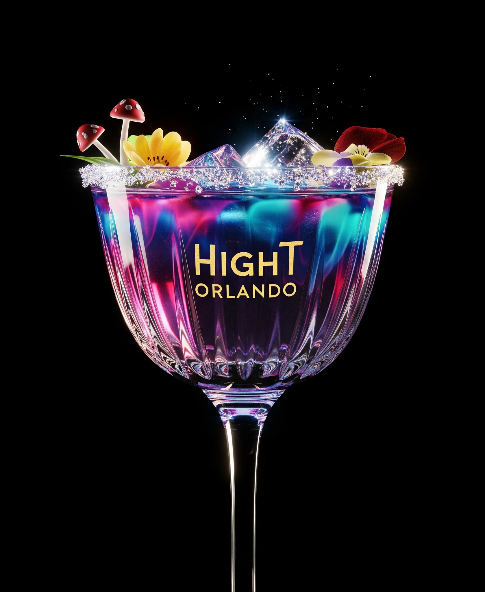 A glowing cocktail with colorful layers, the text