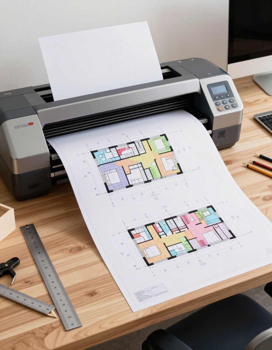Impresora imprimiendo un plano colorido sobre un escritorio con regla y lápices cerca.