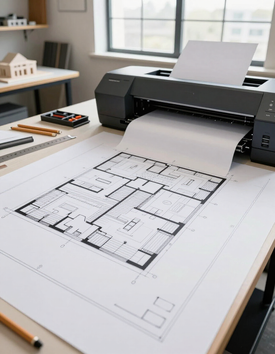 Una impresora de gran formato imprime un plano arquitectónico sobre un escritorio en una oficina luminosa.