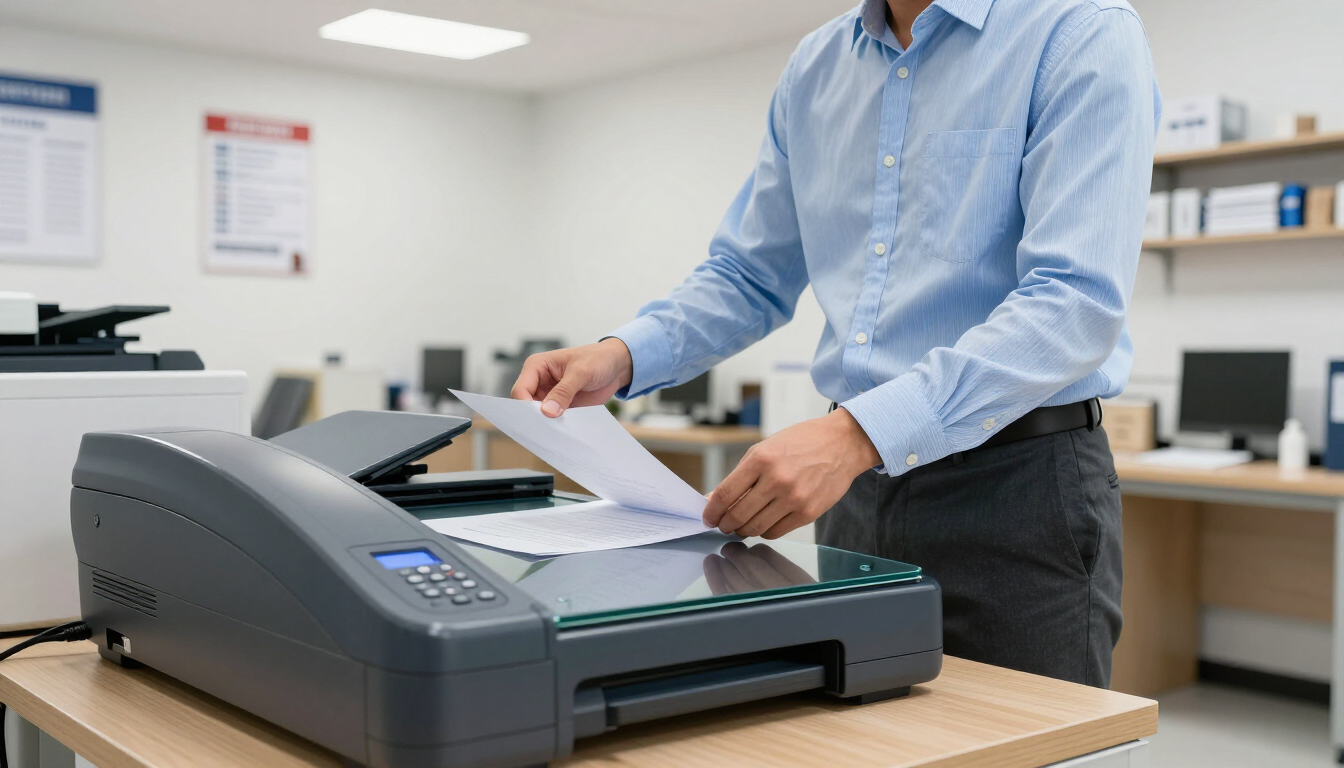 Persona utilizando una impresora para escanear documentos en una oficina luminosa.