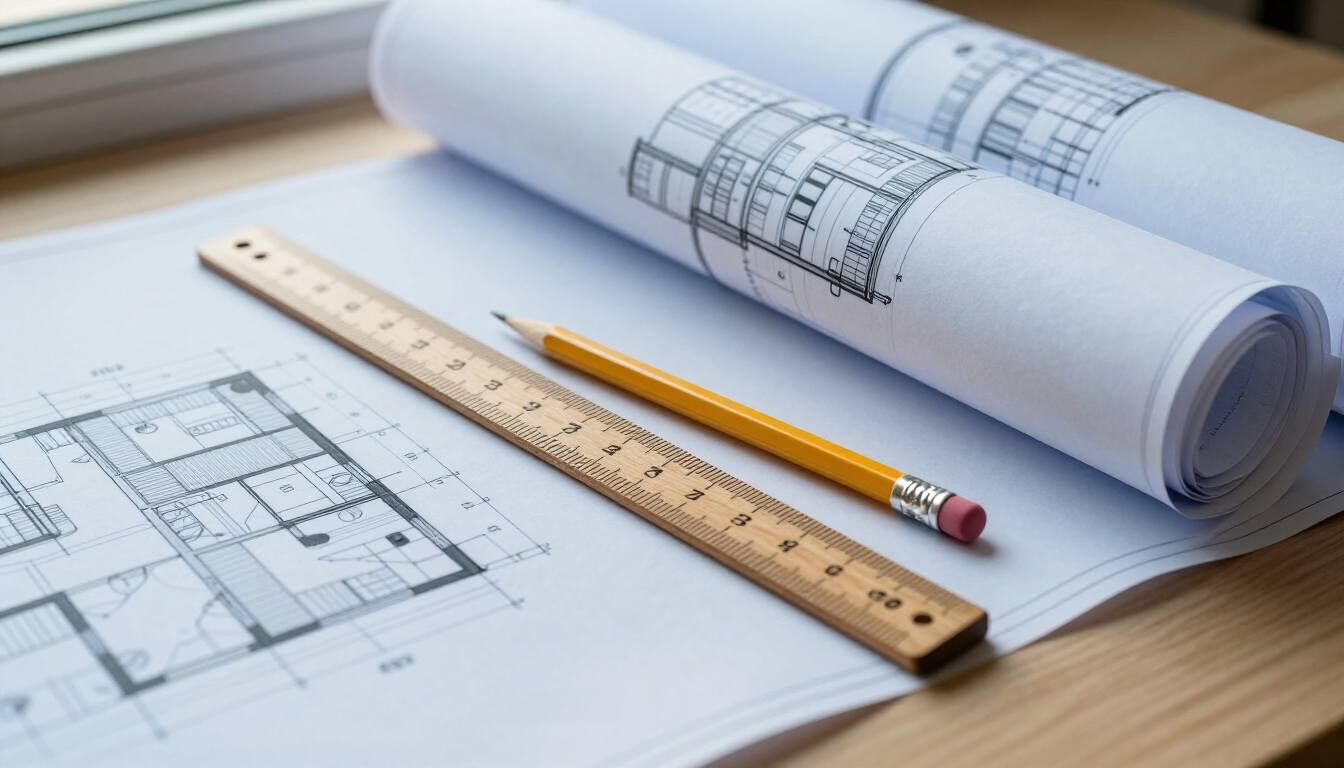 Planos enrollados con regla y lápiz sobre una mesa de dibujo.