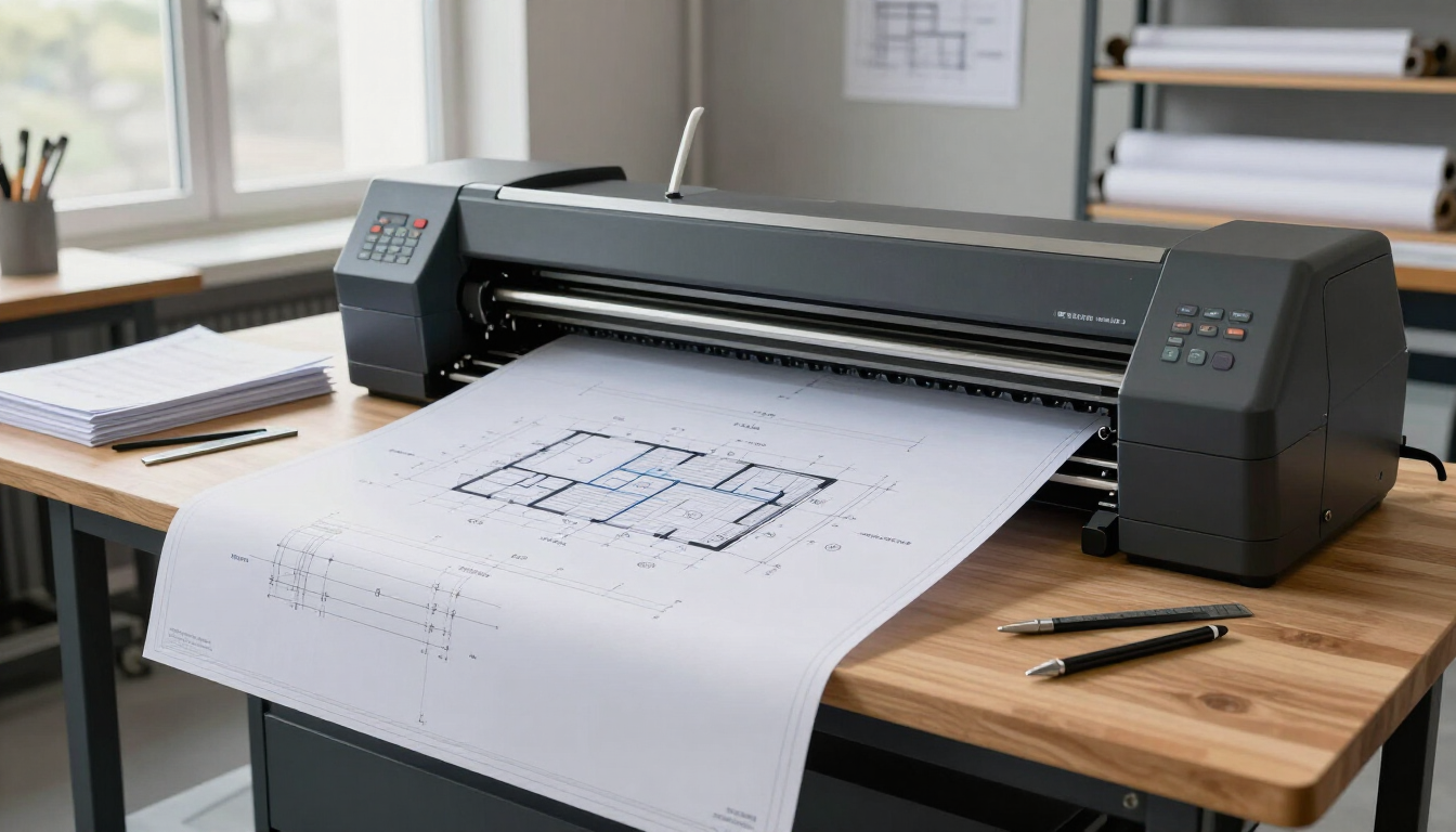 Impresora de gran formato imprimiendo un dibujo técnico en papel en un entorno de mesa de taller.