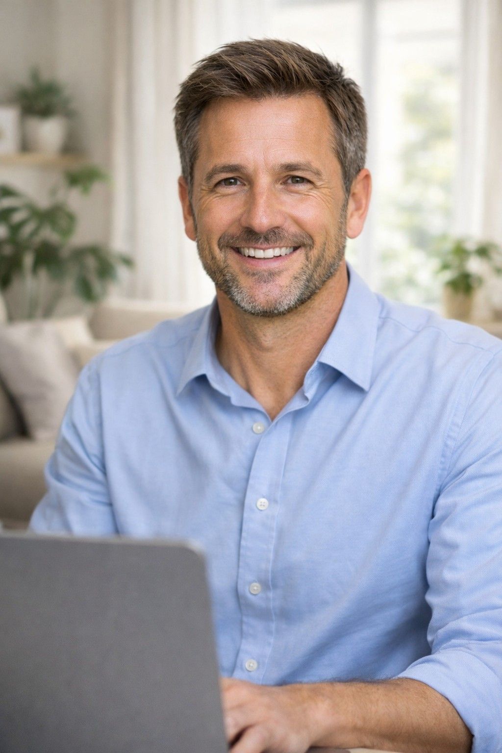 Een man lacht naar de camera terwijl hij binnen op een laptop werkt.